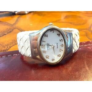 Women's Embassy by Gruen Bangle WatchSilver Tone with White Leather Wrapped Band